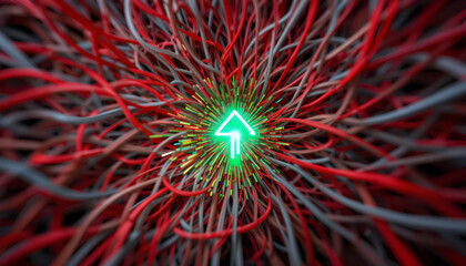 A glowing green arrow points upwards through a complex network of red and grey wires
