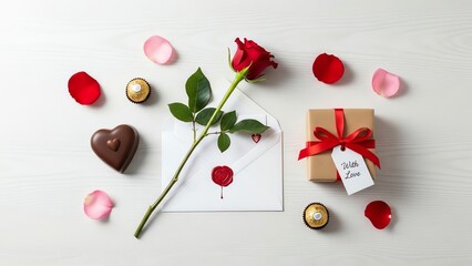 Red rose, gift box, chocolate, letter with wax seal