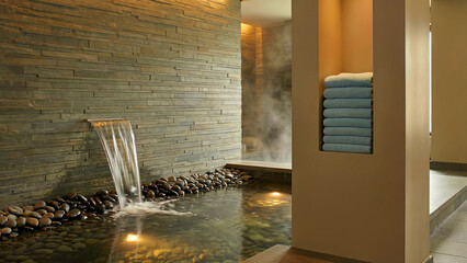 Serene spa interior featuring a cascading water feature with natural river stones and neatly stacked light blue towels within a modern wellness retreat setting.