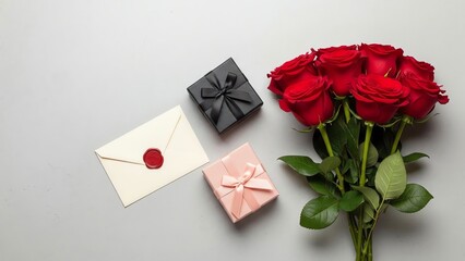 Red roses gifts letter and box on gray surface