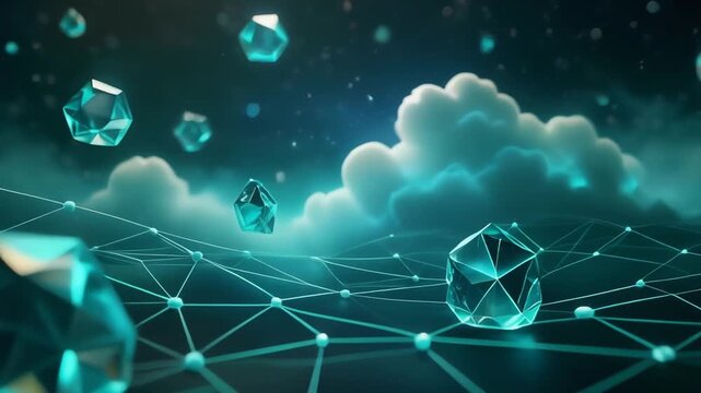 Digital future concept Glowing polygonal crystals form an interconnected data network amidst ethereal clouds and cosmic elements, symbolizing technology and innovation