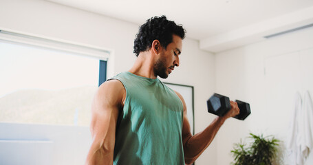 House, fitness and man with weights for workout, strength development or muscle gain for body building. Low angle, active or athlete training with bicep exercise, dumbbell or challenge for results