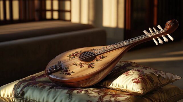 pipa. Ornate pear-shaped pipa lute resting on an embroidered silk cushion. event programs, museum guides, designed for cultural heritage projects and event programs, supports education.