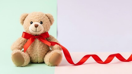 Teddy bear with red ribbon on colorful background