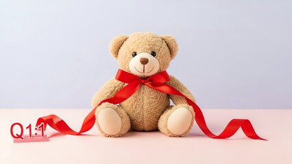 Teddy bear with red ribbon and gift tag
