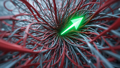 A green arrow stands out among red and gray wires