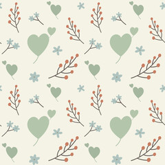 A seamless pattern of hearts, fruit branches, and flowers is scattered across a yellow background. Vector illustration.