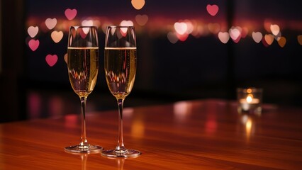 Two champagne glasses on wooden table with hearts