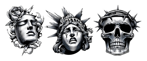 Fototapeta premium Elegant yet Brutal Surreal Ink Art Featuring Mortality Concepts and Iconic Symbols