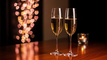 Two champagne glasses on wooden table with bokeh lights