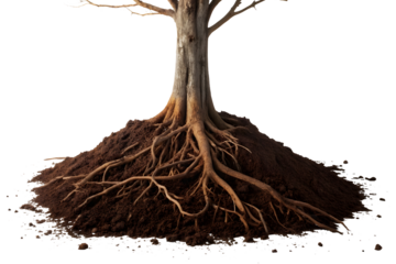 Tree roots with pile of soil isolated on a white or transparent background.