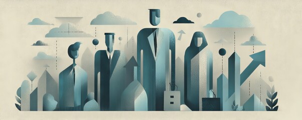 Employee Career Growth Illustration with Abstract Themed Elements and Topaz Color Palette
