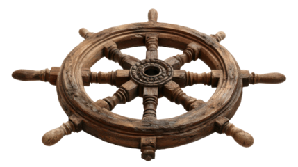 Vintage wooden ship's wheel presenting a nautical steering and navigation concept, isolated on transparent background