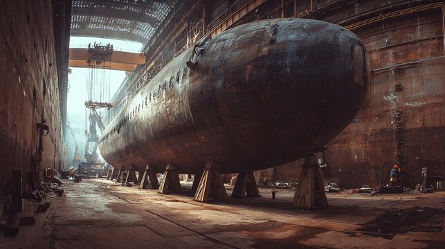 hydrologic. Massive steel caisson supported by jacks in an industrial dry dock setting. safety posters, maintenance manuals, designed for precision metalworking and fabrication facilities.
