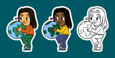 Cute Kids Embracing Planet Earth Sticker Set