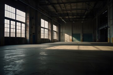 Industrial warehouse interior background, empty space, soft lighting