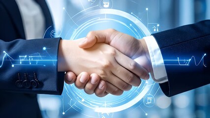 Business professionals shaking hands with futuristic digital network overlay. - Powered by Adobe