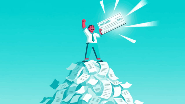 Illustration of a person triumphantly holding a large cheque atop a mountain of money against a vibrant blue background