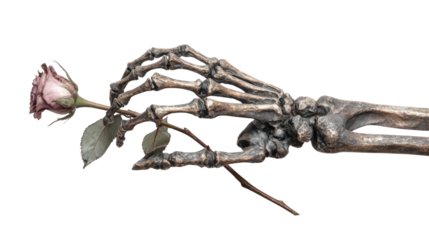Skeleton hand holding fading rose representing death, love, loss, and mortality on a transparent background