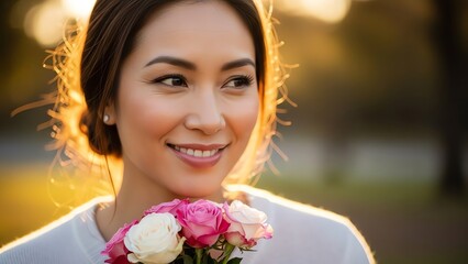 Woman smiling holding roses outdoors