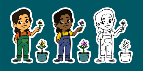 Diverse Kids Gardening with Flowers Sticker Set