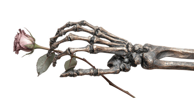 Skeleton hand holding fading rose representing death, love, loss, and mortality on a transparent background