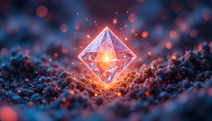 A glowing crystal nestled in a bed of sparkling dark soil