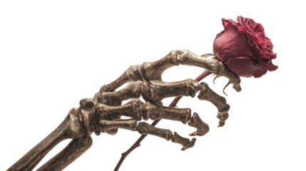 Skeleton hand holding a dried red rose representing death, love, memory, and transient beauty on transparent background