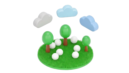 3D Cartoon Landscape with Trees, Clouds, and Spheres