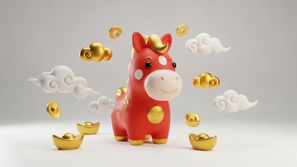 3D rendering of a cute red Chinese zodiac horse character with gold sycee, ancient coins, and stylized clouds on a white background, concept for Lunar New Year and Year of the Horse celebration.
