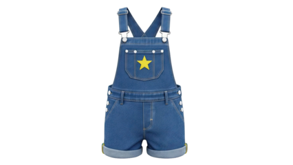 Blue denim short overalls with yellow star applique