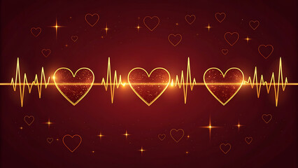 Heartbeat pulse rhythm with glowing heart shapes on maroon background