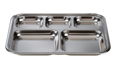 A stainless steel compartment tray on a transparent background