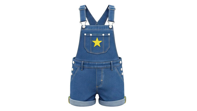 Blue denim short overalls with yellow star applique