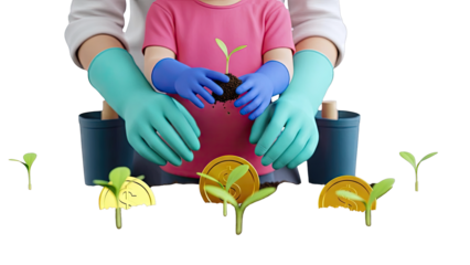 Child and adult planting a seedling from soil with coins as pots