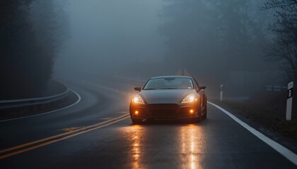 Misty road car headlights glow, wet asphalt reflects light, moody atmosphere, empty forest highway, evening drive, solitude, peaceful and cinematic feeling.