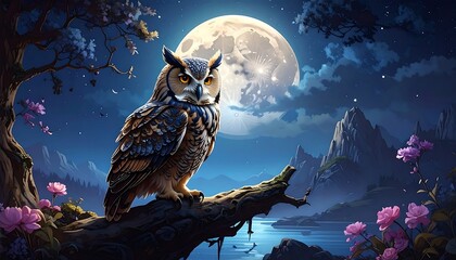 A majestic owl perched on a branch, illuminated by a full moon in a serene, nocturnal landscape. Flowers bloom