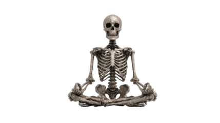 Skeleton sitting in a calm lotus position, meditating with a zen and spiritual focus, on a transparent background