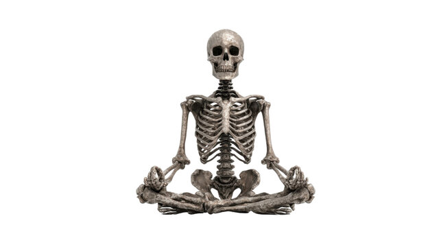 Skeleton sitting in a calm lotus position, meditating with a zen and spiritual focus, on a transparent background