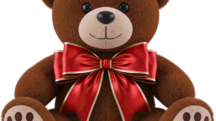 Close-up of a brown teddy bear with a large red bow
