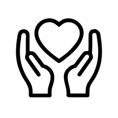 Black and white icon of cupped hands holding heart for compassion, care, or emotional support