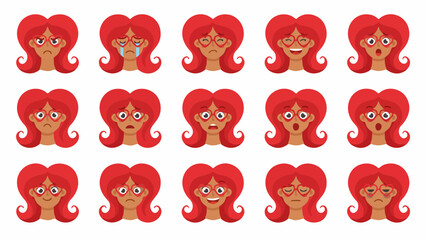 A cute vector illustration set of red and white people characters featuring various cartoon head icons with red hair expressing love and fun heart symbols or funny and sad face designs
