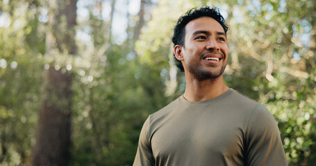 Thinking, happy or man in nature with hiking, fresh air or inspiration on trekking journey....