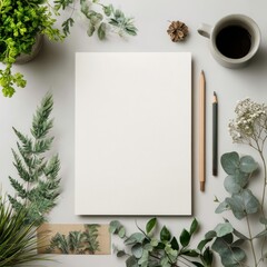 marketing document mockup with pencil and foliage