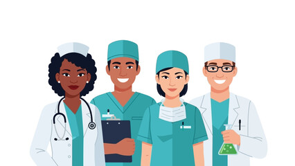 Diverse medical professionals in scrubs standing together, representing healthcare teamwork and collaboration in a hospital environment from a straightforward viewpoint
