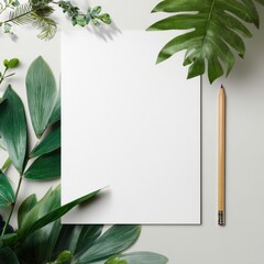 marketing document mockup with pencil and foliage