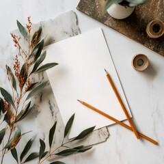 marketing document mockup with pencil and foliage