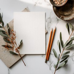 marketing document mockup with pencil and foliage