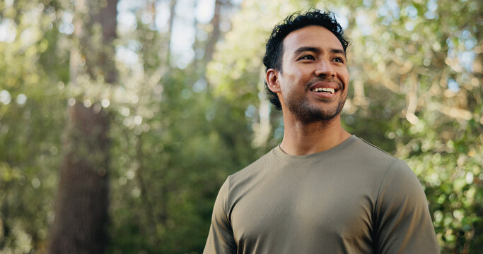 Thinking, happy or man in nature with hiking, fresh air or inspiration on trekking journey. Reflection, space or person in forest with satisfaction, mindfulness or daydreaming in outdoor adventure.