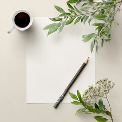 marketing document mockup with pencil and foliage